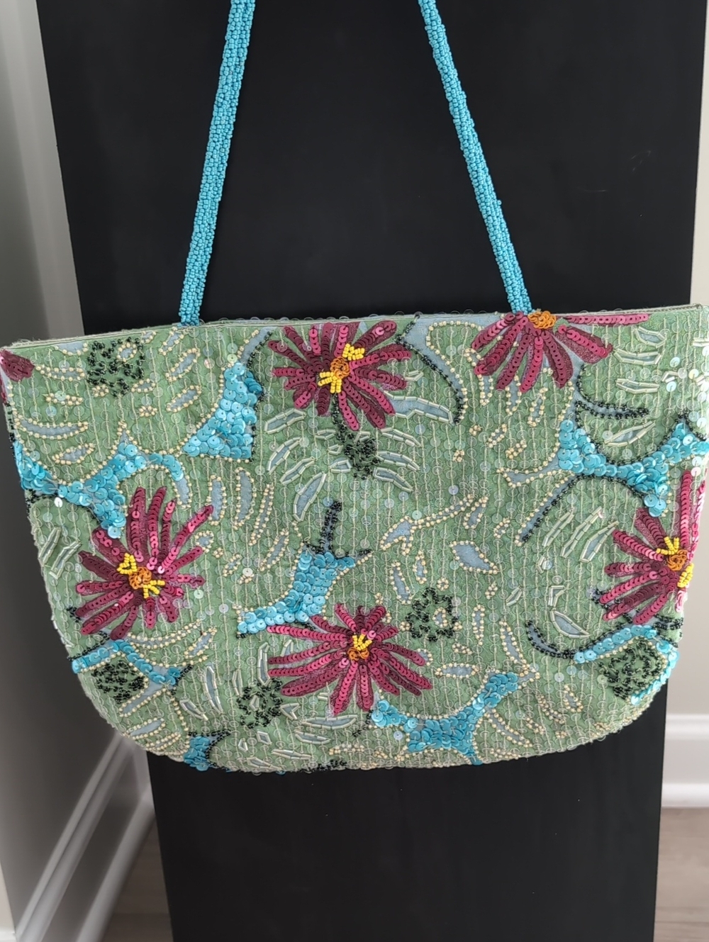 Beaded Floral Green Handbag with Turquoise Handles